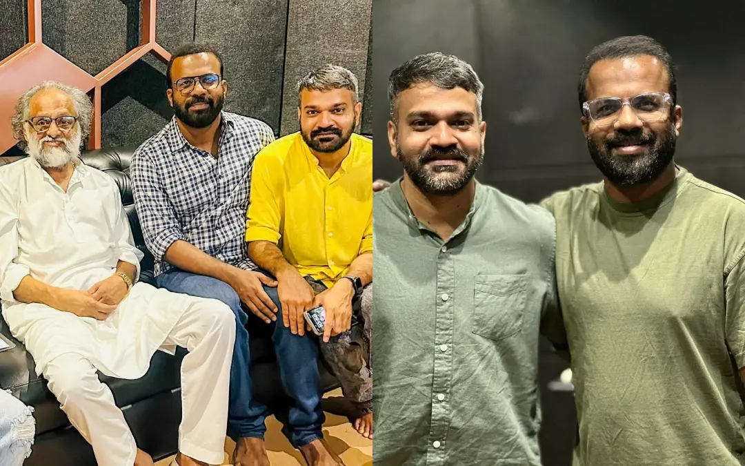 അനുരാജും ജേക്സ് ബിജോയിയും കൈതപ്രം ദാമോദരന് നമ്പൂതിരിക്കൊപ്പം, അനുരാജ് മനോഹറും ജേക്സ് ബിജോയിയും | Photo: Facebook/ Anuraj Manohar
