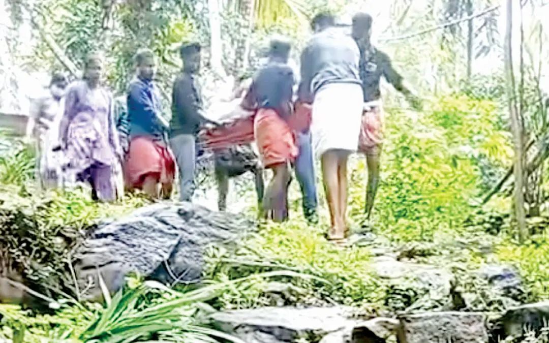 ഉന്നതി നിവാസികൾചേർന്ന് വിശ്വനെ ചുമന്ന് താഴേക്ക് കൊണ്ടുപോകുന്നു