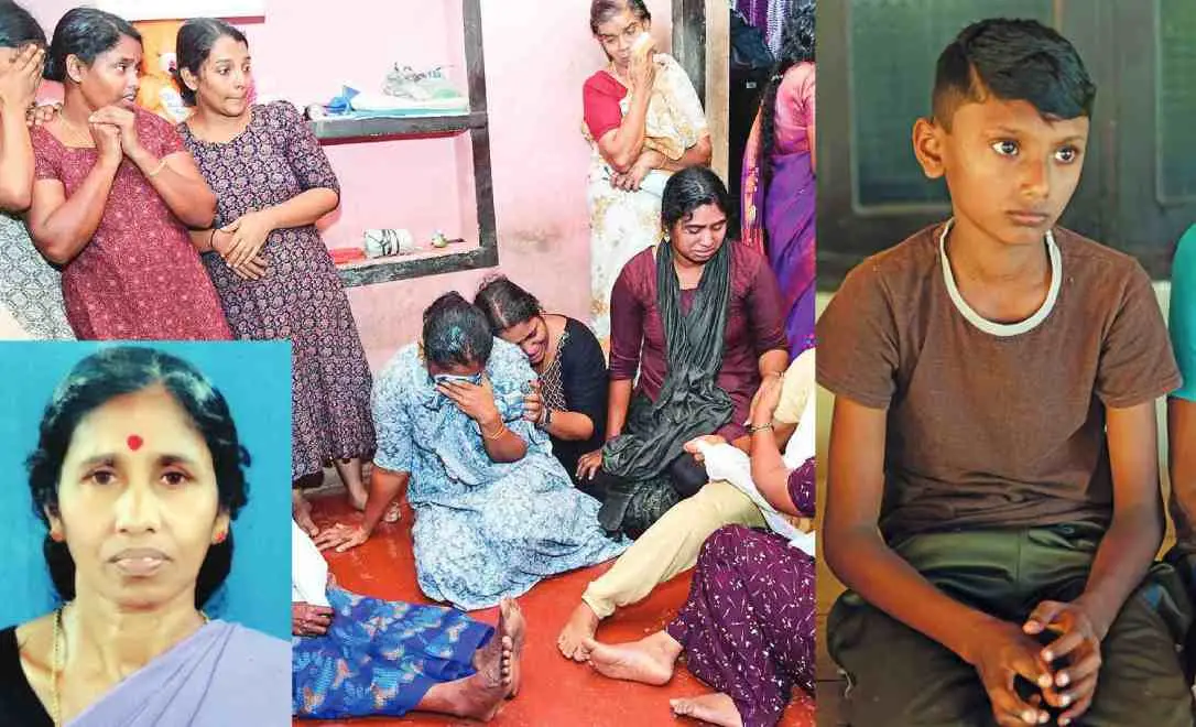 ആനയുടെ ആക്രമണത്തിൽ മരിച്ച കല്യാണിയമ്മയുടെ മൃതദേഹം വീട്ടിലെത്തിച്ചപ്പോൾ വിലപിക്കുന്ന മക്കളും ബന്ധുക്കളും, അമ്മൂമ്മയുടെ മരണവിവരമറിഞ്ഞ് ദുഃഖിച്ചിരിക്കുന്ന കൊച്ചുമകൻ അബിൻ കൃഷ്ണ,ഇൻസൈറ്റിൽ കല്യാണിയമ്മ