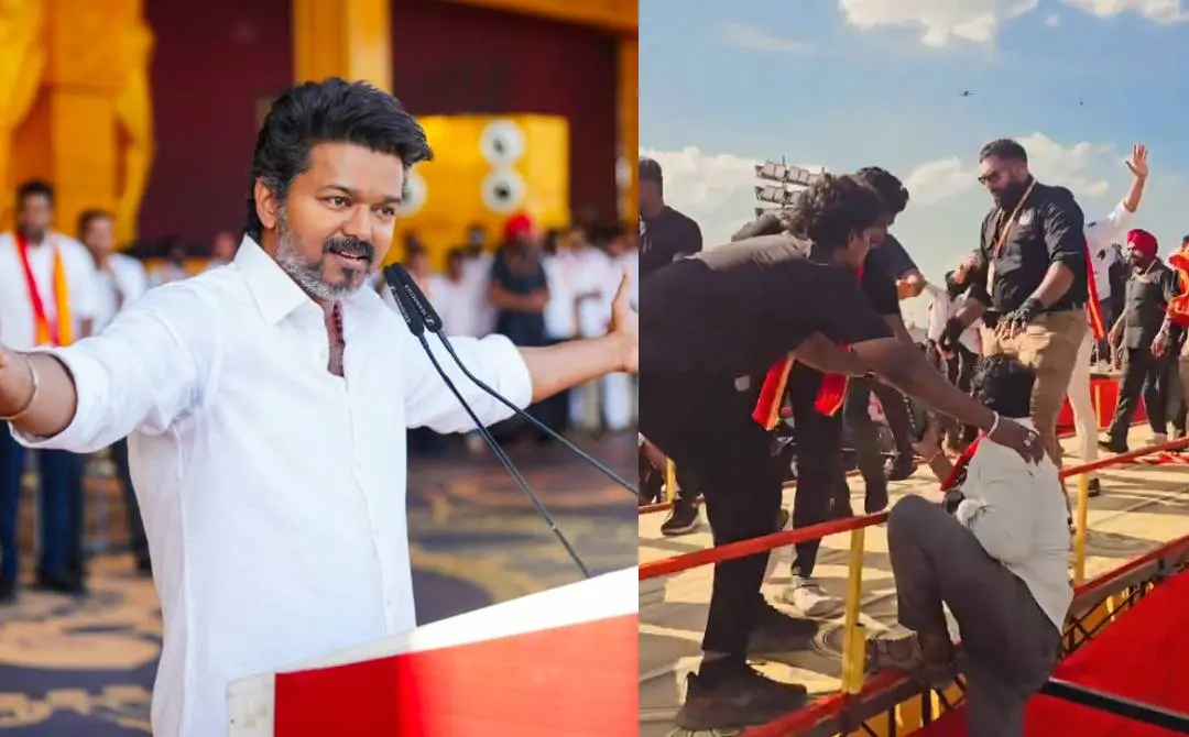 വിജയ്, റാമ്പിലേക്ക് ചാടിക്കയറാൻ ശ്രമിക്കുന്ന ആരാധകനെ ബൗൺസർ തടയുന്നു | ഫോട്ടോ: PTI, Screengrab