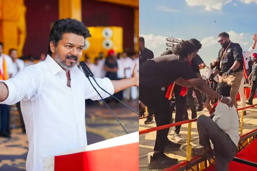 റാമ്പിലേക്ക് ചാടിക്കയറി ആരാധകർ, പണിപ്പെട്ട് ബൗൺസർമാർ; വിജയ്യെ കാണാനെത്തിയത് ജനലക്ഷങ്ങൾ