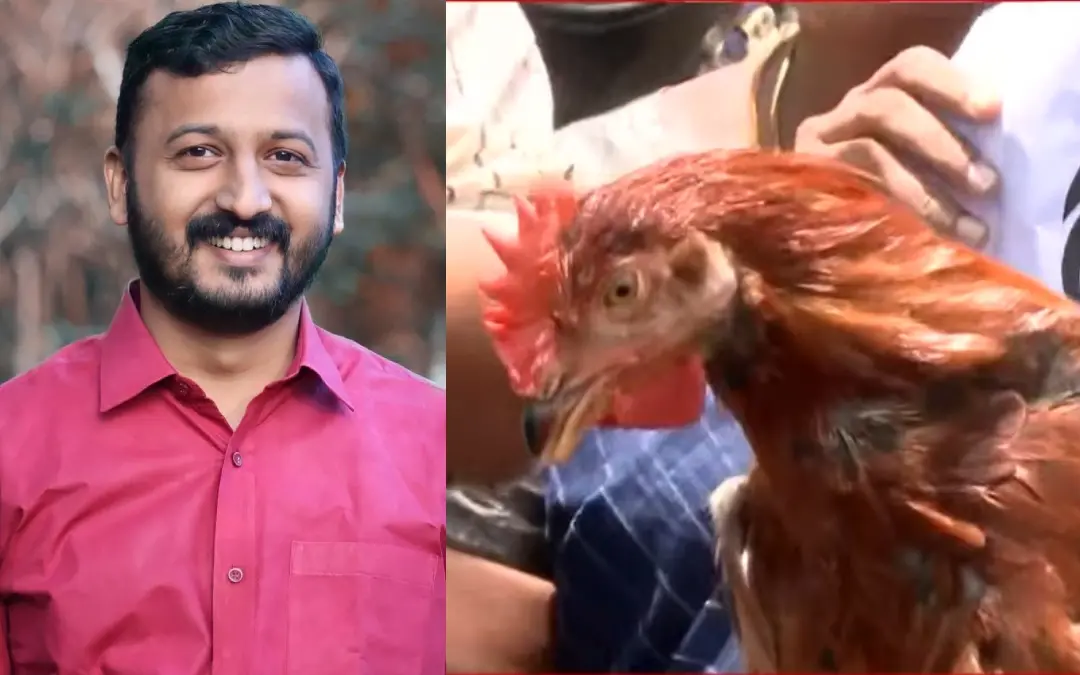 രാഹുല് മാങ്കൂട്ടത്തില്, മഹിളാ മോര്ച്ച പ്രവര്ത്തകര് പ്രതിഷേധത്തിന് ഉപയോഗിച്ച കോഴി | Photo: Screengrab/ mbi news