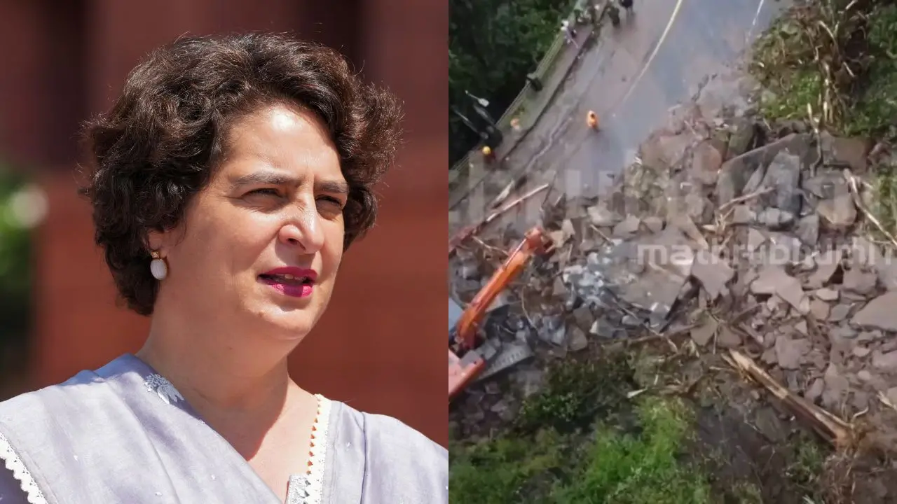 പ്രിയങ്കാ ഗാന്ധി | Photo: PTI | ചുരത്തിൽനിന്ന് അവശിഷ്ടങ്ങൾ മാറ്റുന്നു (mbtv screengrab)