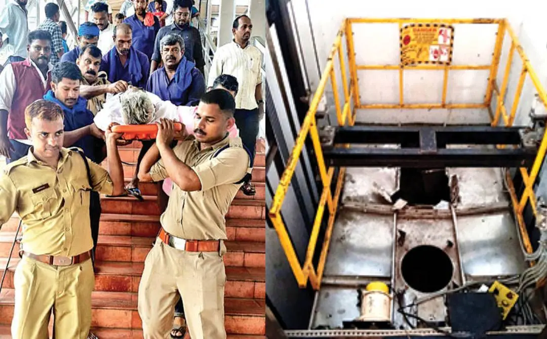 തിരൂർ റെയിൽവേ സ്റ്റേഷനിൽ ലിഫ്റ്റിൽ കുടുങ്ങിയവരെ അഗ്നിരക്ഷാസേന പുറത്തേക്കുകൊണ്ടുവരുന്നു, അഗ്നിരക്ഷാ സേന മുറിച്ചുമാറ്റിയ ലിഫ്റ്റിന്റെ ഉൾഭാഗം | ഫോട്ടോ: പ്രദീപ് പയ്യോളി
