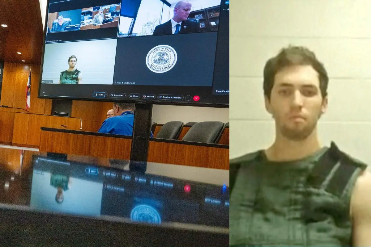 A screen shows Tyler Robinson (bottom left), the suspect in the killing of political activist Charlie Kirk, as he attends a court appearance remotely from his jail cell in Provo, Utah | Photo: AFP