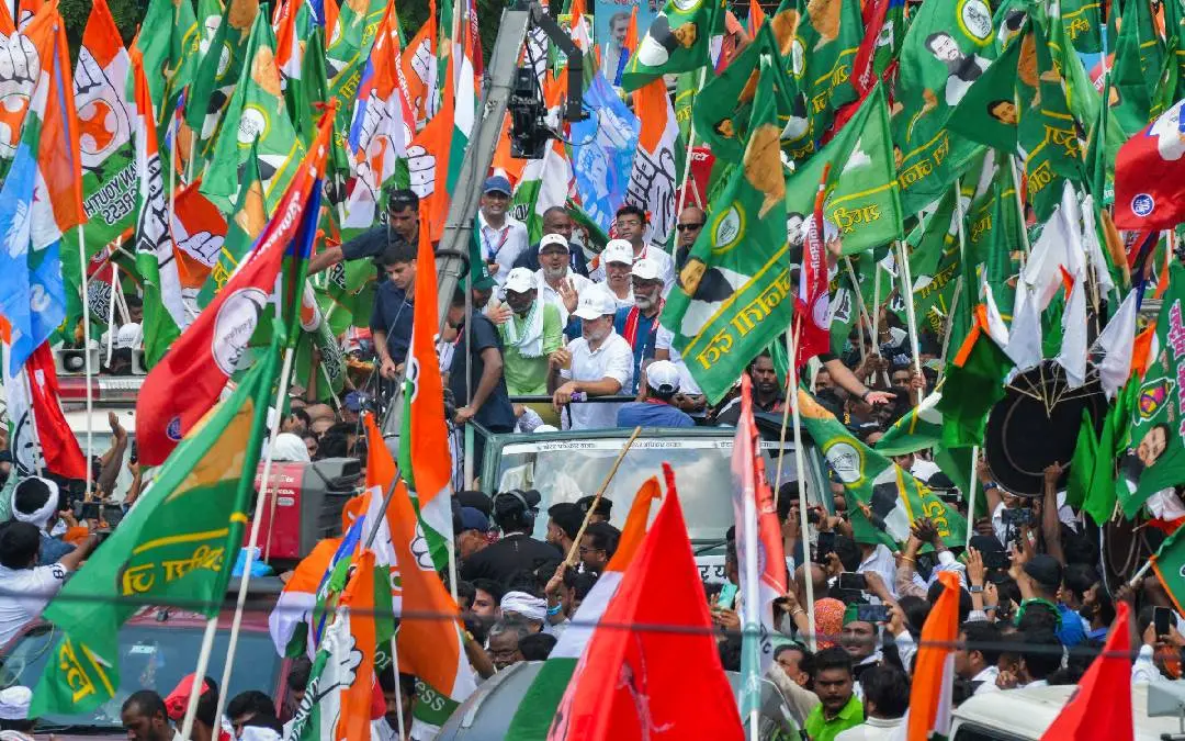 വോട്ടർ അധികാർ യാത്ര സമാപനത്തിൽ നിന്ന് | Photo: PTI