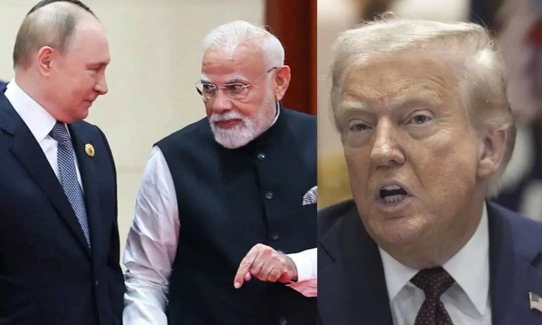 റഷ്യൻ പ്രസിഡന്റ് വ്ലാദിമിർ പുതിനും പ്രധാനമന്ത്രി നരേന്ദ മോദിയും, യുഎസ് പ്രസിഡന്റ് ഡൊണാൾഡ് ട്രംപ് | Photo: ANI, AP