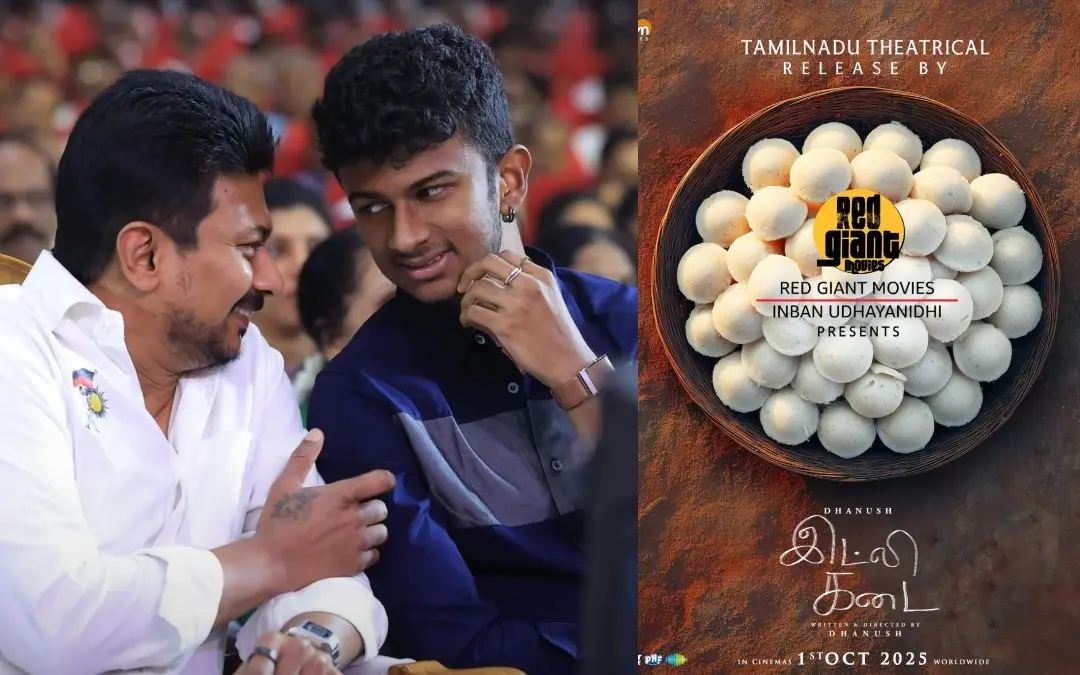 ഉദയനിധി സ്റ്റാലിനും ഇമ്പന് ഉദയനിധിയും, 'ഇഡ്ഡലി കടൈ' പോസ്റ്റര് | Photo: Instagram/ Inban Udhayanidhi, X/ Dhanush