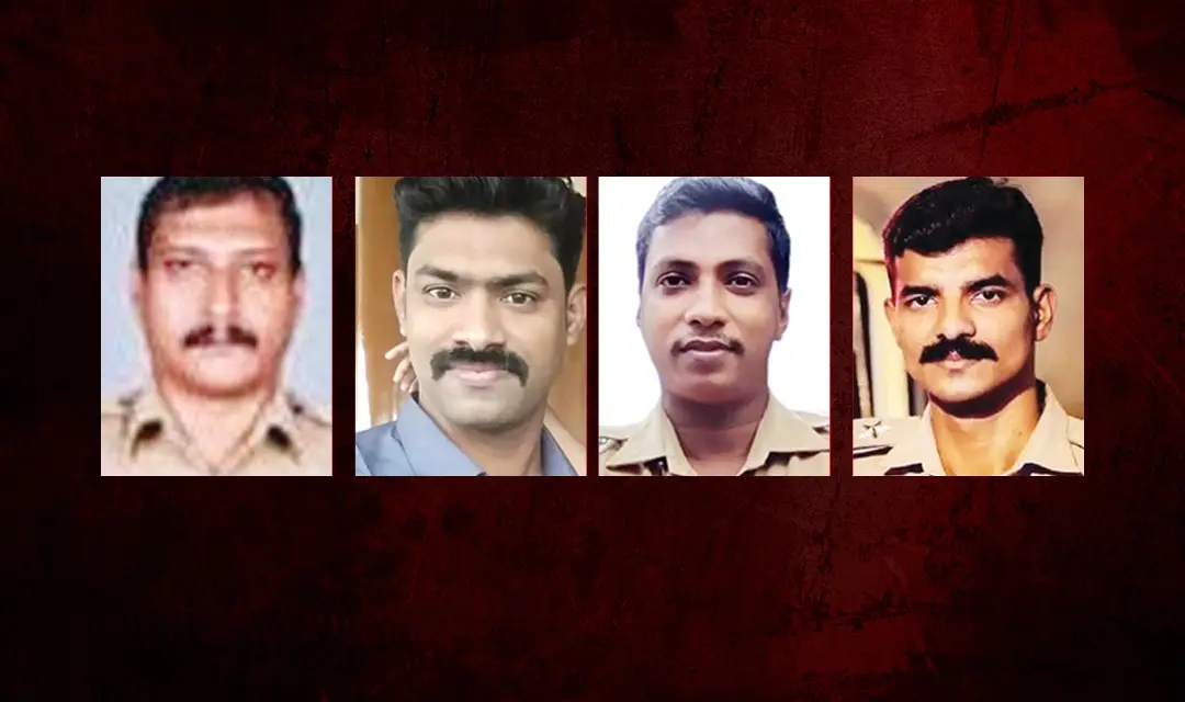 സസ്പെന്ഡ് ചെയ്യപ്പെട്ട പോലീസുകാരായ സീനിയര് സിപിഒ ശശിധരന്, സിപിഒ സജീവന്, സിപിഒ സന്ദീപ്, എസ്ഐ നുഹ്മാന് എന്നിവർ | Photo: special arrangement