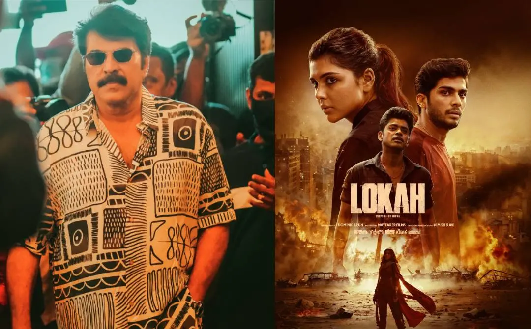 മമ്മൂട്ടി, ലോക എന്ന ചിത്രത്തിന്റെ പോസ്റ്റർ | ഫോട്ടോ: മാതൃഭൂമി, Facebook