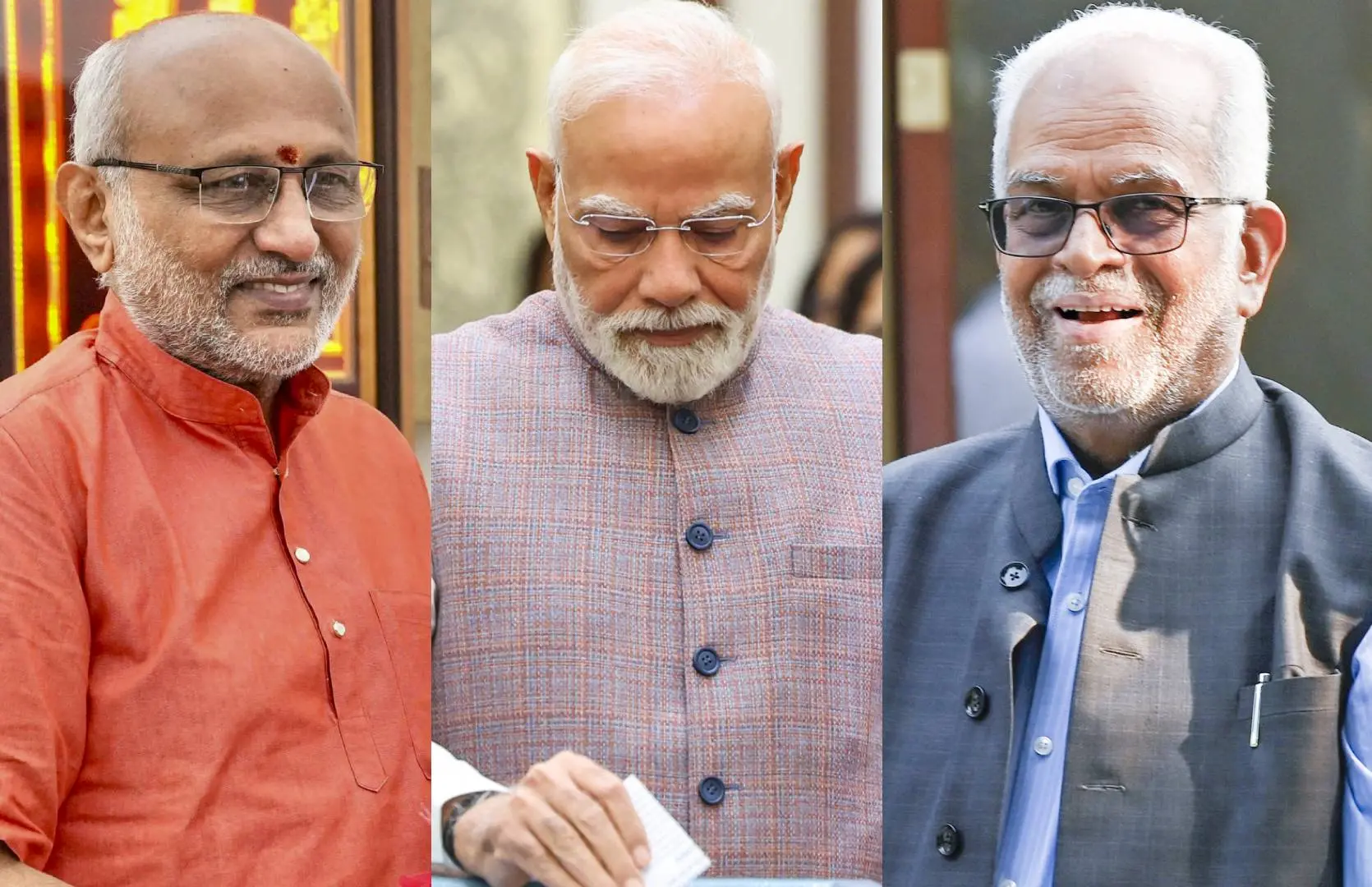 സി.പി. രാധാകൃഷ്ണൻ, ഉപരാഷ്ട്രപതി തിരഞ്ഞെടുപ്പിൽ വോട്ട് രേഖപ്പെടുത്തുന്ന പ്രധാനമന്ത്രി നരേന്ദ്ര മോദി, ബി. സുദർശൻറെഡ്ഡി | Photo: ANI