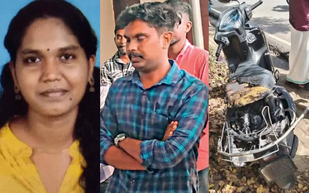 അപകടത്തിൽ മരിച്ച അഞ്ജന, പ്രതിശ്രുതവധുവിന്റെ മൃതദേഹം പുറത്തേക്ക് കൊണ്ടുവരുന്നതും നോക്കി ശാസ്താംകോട്ട താലൂക്ക് ആശുപത്രി മോർച്ചറിക്കു മുന്നിൽ നിൽക്കുന്ന അഖിൽ, അപകടത്തിൽ തകർന്ന ഇരുചക്രവാഹനം