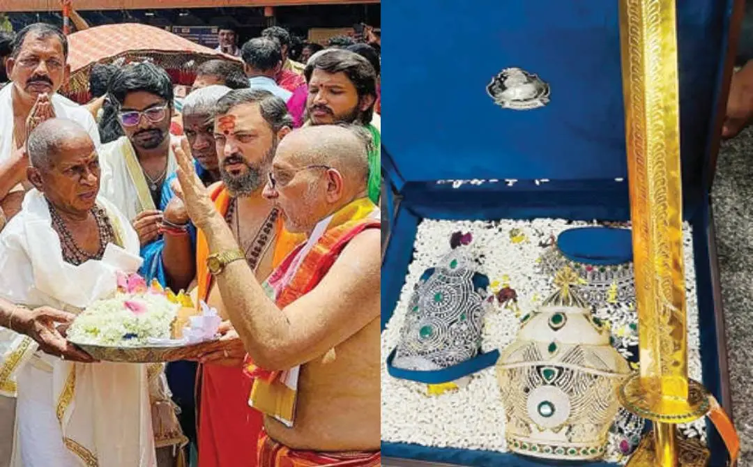 സ്വർണാഭരണം നൽകാൻ ഇളയരാജ കൊല്ലൂരിൽ എത്തിയപ്പോൾ, ഇളയരാജ കൊല്ലൂർ ക്ഷേത്രത്തിൽ സമർപ്പിച്ച സ്വർണകിരീടവും വാളും