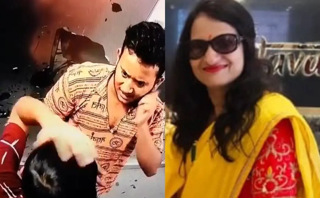അപ്പാര്‍ട്ട്‌മെന്റ് കെട്ടിടത്തിലെ ലിഫ്റ്റില്‍നിന്നുള്ള പ്രതികളുടെ സിസിടിവി ദൃശ്യം(ഇടത്ത്) കൊല്ലപ്പെട്ട രേണു അഗര്‍വാള്‍(വലത്ത്) | Photo Courtesy: x.com/UrduWritesBreak