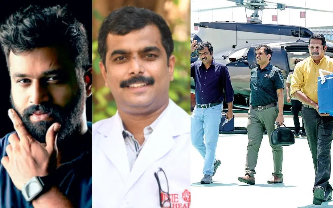 ഐസക് ജോര്‍ജ്, ജോ ജോസഫ്, കൊച്ചി ലിസി ആശുപത്രിയില്‍ ചികിത്സയില്‍ കഴിയുന്ന രോഗിക്കായി തിരുവനന്തപുരത്തെ കിംസ് ആശുപത്രിയില്‍നിന്ന് ഹെലികോപ്റ്ററില്‍ എത്തിച്ച ഹൃദയം മെഡിക്കല്‍ സംഘം കരുതലോടെ കൊണ്ടുപോവുന്നു | ഫോട്ടോ: മാതൃഭൂമി