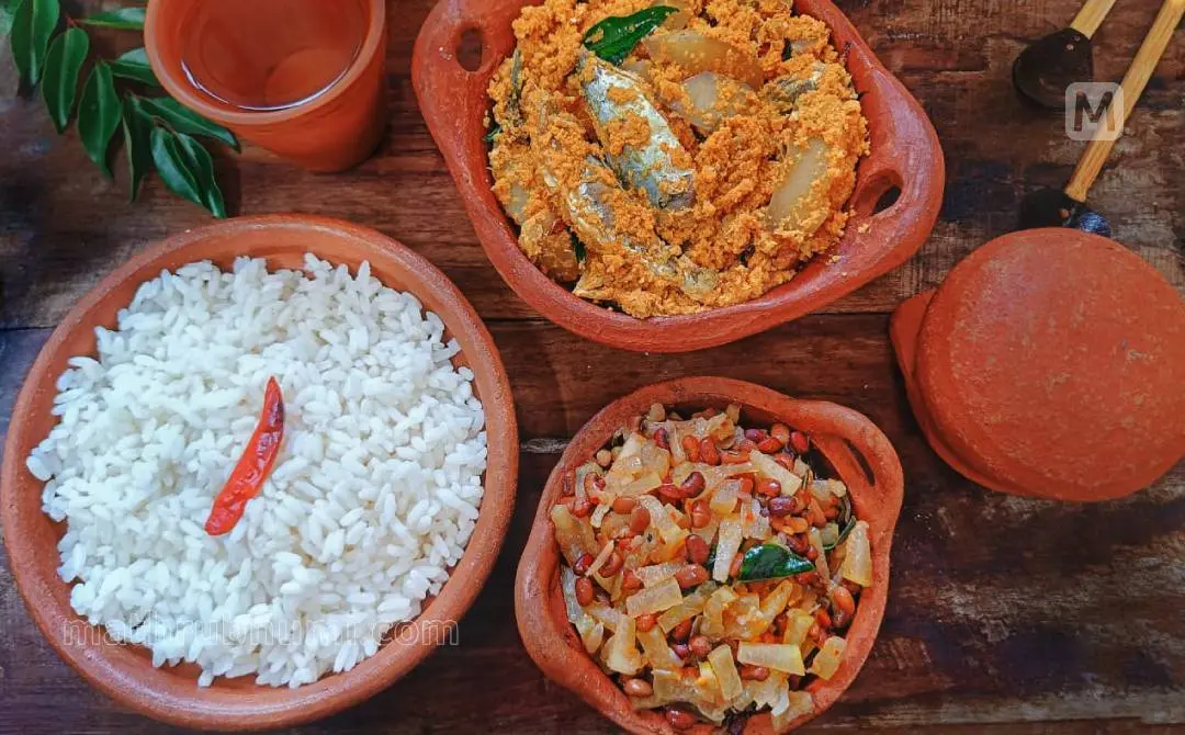 അയലയും മാങ്ങയും വറ്റിച്ചതും കുമ്പളങ്ങ - വൻപയർ മെഴുക്കുപരട്ടിയും