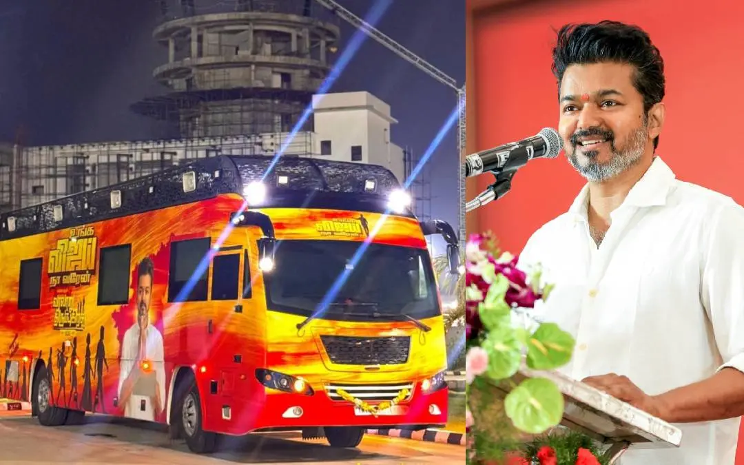 സംസ്ഥാന പര്യടനം നടത്താൻ വിജയിനുവേണ്ടി തയ്യാറാക്കിയ വാൻ | Photo: TVK Official and ANI