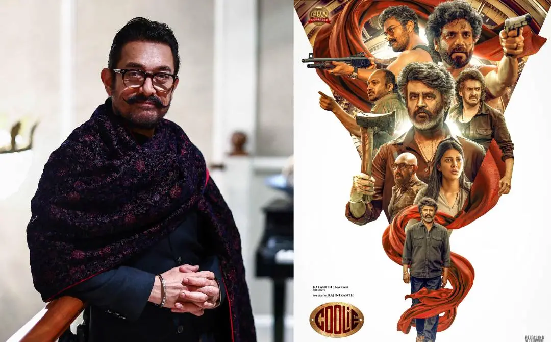 ആമിർ ഖാൻ, കൂലി എന്ന ചിത്രത്തിന്റെ പോസ്റ്റർ | ഫോട്ടോ: AFP, X