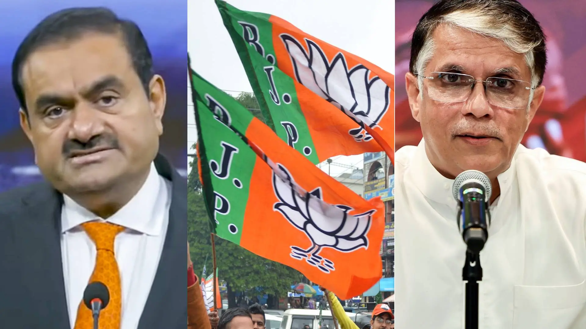 ഗൗതം അദാനി, ബിജെപി കൊടി, പവൻ ഖേര | Photo: PTI, AFP, ANI