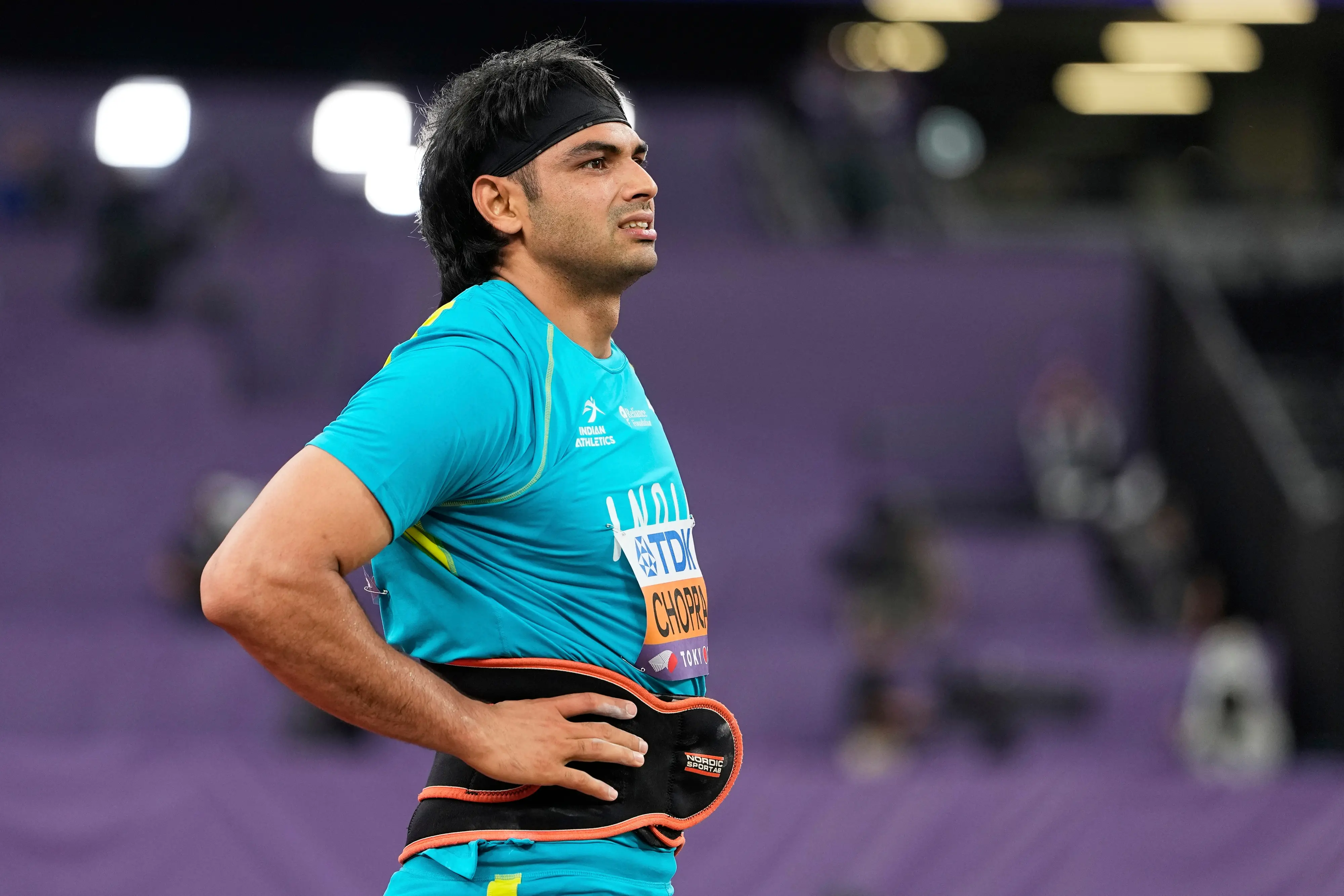 India's Neeraj Chopra reacts in the men's javelin throw qualification at the World Athletics Championships in Tokyo, Wednesday | AP