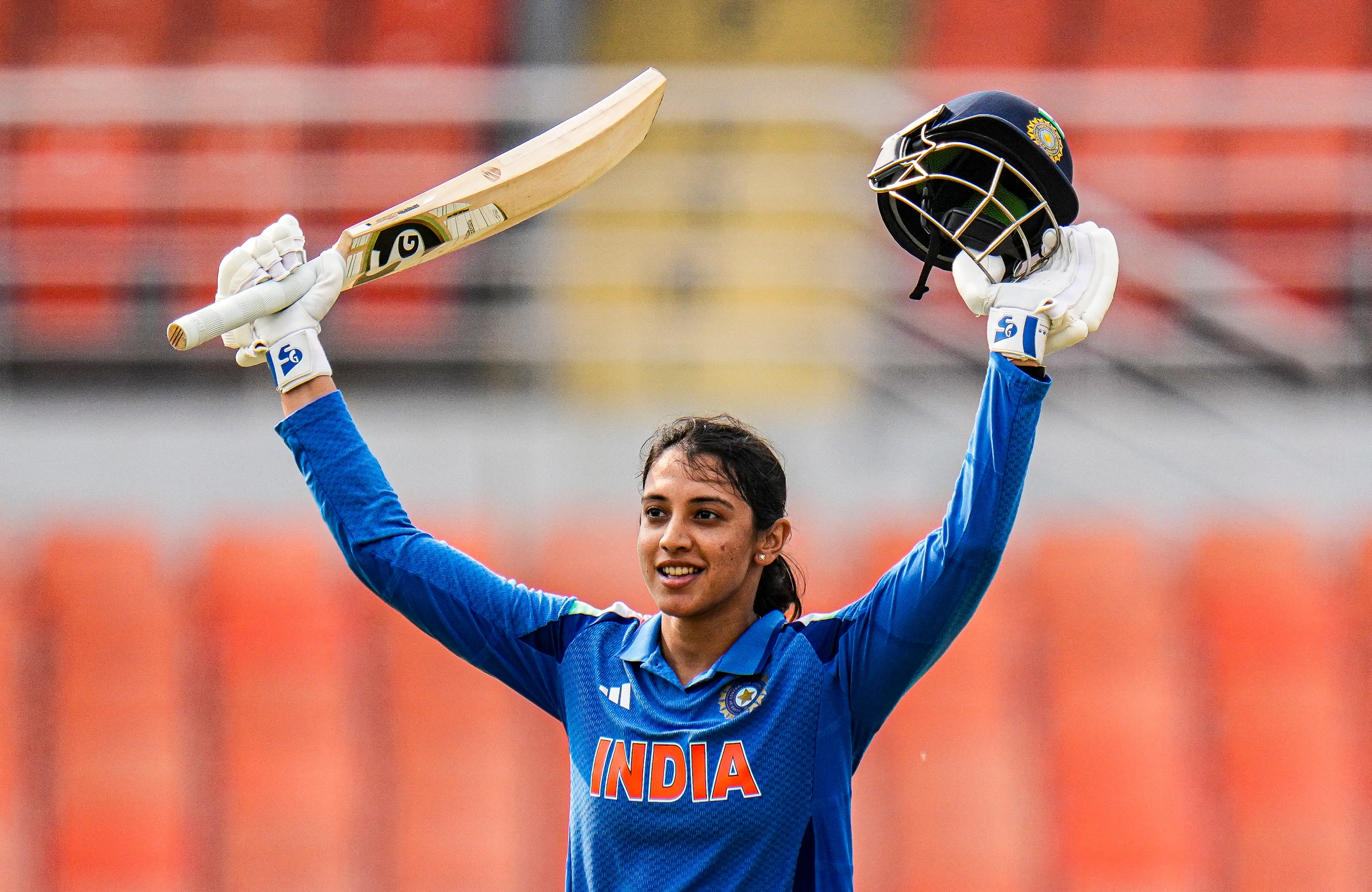 Smriti Mandhana celebrates her century during the second ODI cricket match of a series between India Women and Australia Women | PTI