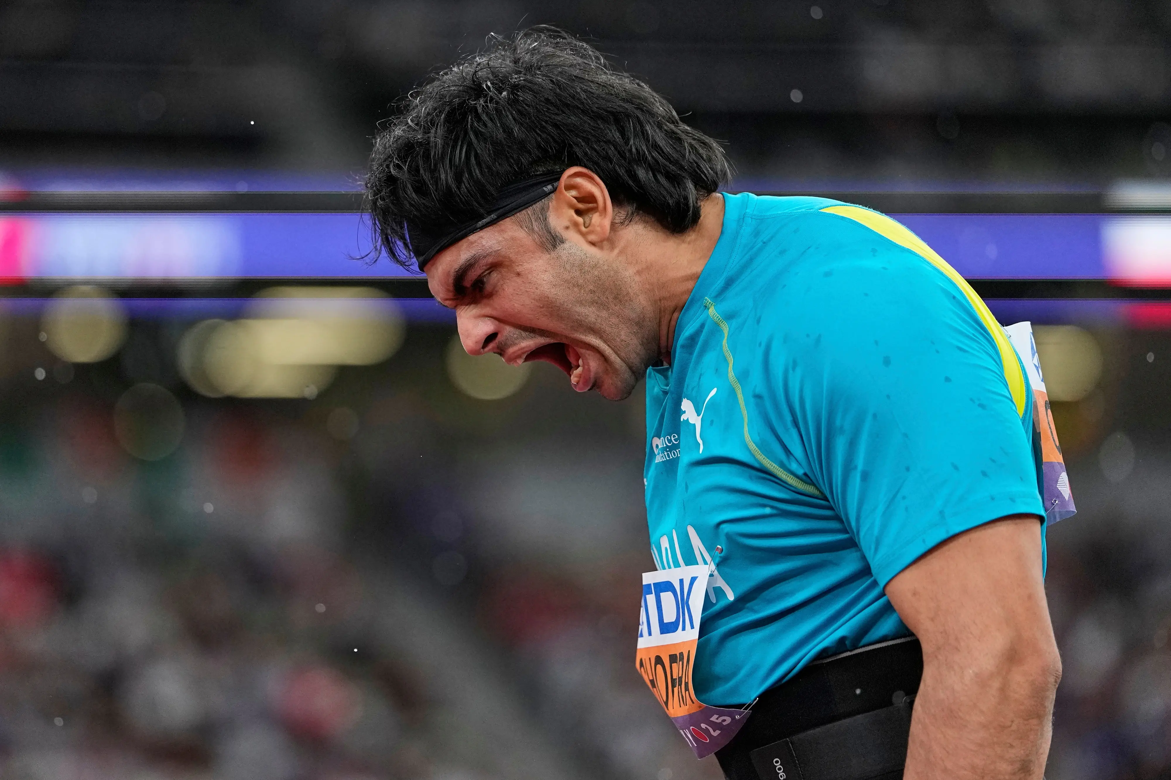 Neeraj Chopra reacts in the men's javelin throw final at the World Athletics Championships in Tokyo | Photo: AP