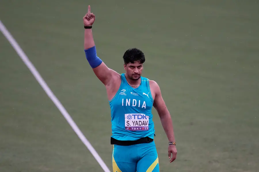 India's Sachin Yadav reacts after an attempt in the men's javelin throw final at the World Athletics Championships in Tokyo