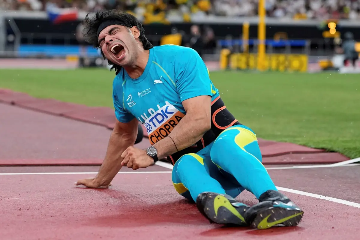 Neeraj Chopra reacts in the men's javelin throw final at the World Athletics Championships in Tokyo. | Photo: AP/PTI