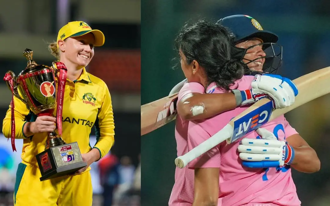 പരമ്പര ട്രോഫിയുമായി ഓസീസ് ക്യാപ്റ്റൻ അലിസ്സ ഹീലി, ഇന്ത്യൻ ക്യാപ്റ്റൻ ഹർമൻപ്രീത് കൗറുമായി സെഞ്ചുറി സന്തോഷം പങ്കുവെയ്ക്കുന്ന സ്മൃതി മന്ദാന | ഫോട്ടോ - പിടിഐ