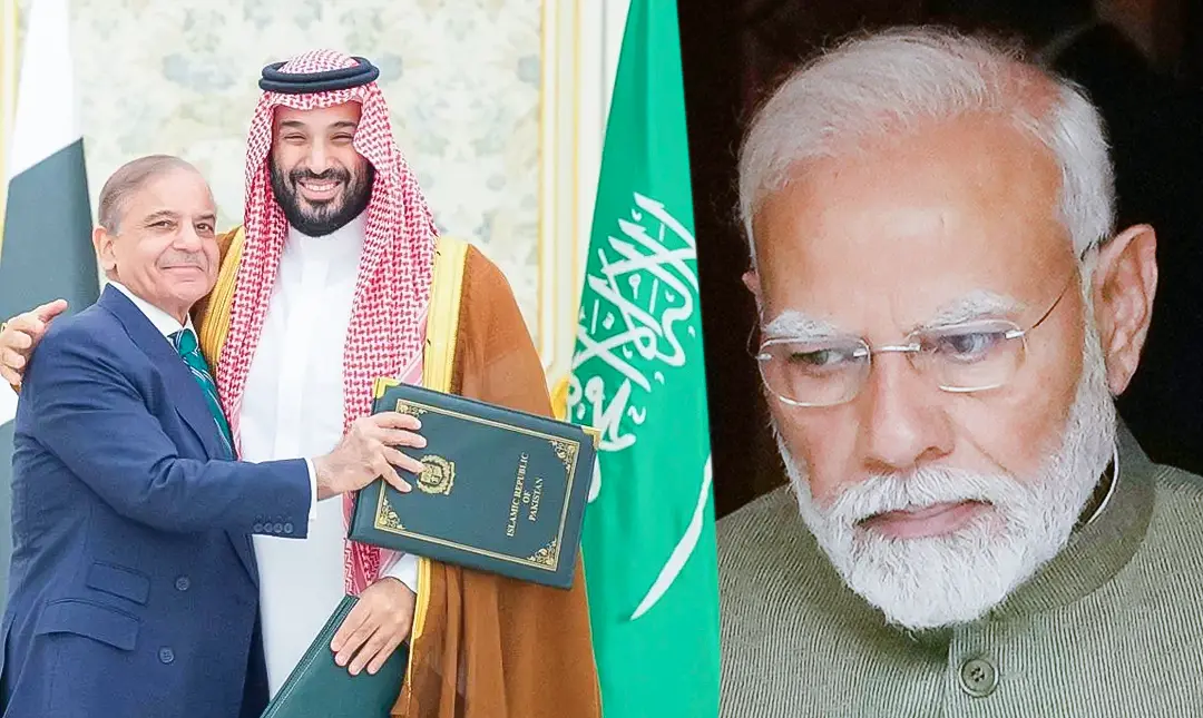 സൗദി അറേബ്യയിലെ റിയാദിൽ സംയുക്ത പ്രതിരോധ കരാറിൽ ഒപ്പുവച്ച ശേഷം പാകിസ്താൻ പ്രധാനമന്ത്രി ഷെഹ്ബാസ് ഷെരീഫ് സൗദി അറേബ്യയുടെ കിരീടാവകാശി മുഹമ്മദ് ബിൻ സൽമാനെ ആലിംഗനം ചെയ്യുന്നു/ ഇന്ത്യൻ പ്രധാനമന്ത്രി നരേന്ദ്രമോദി | Photo:AP/PTI and Manish Swarup/ AP