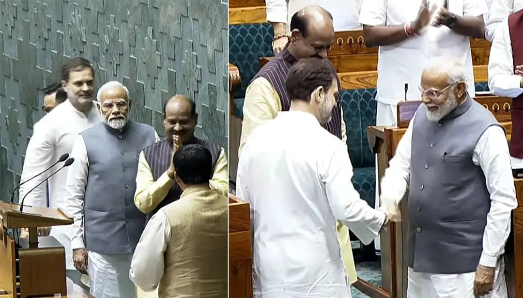 പ്രധാനമന്ത്രി നരേന്ദ്ര മോദിയും പ്രതിപക്ഷ നേതാവ് രാഹുൽ ഗാന്ധിയും സ്പീക്കർ ഓം ബിർളയെ ഔദ്യോഗിക ഇരിപ്പിടത്തിലേക്ക് ആനയിക്കുന്നു | Photo: ANI