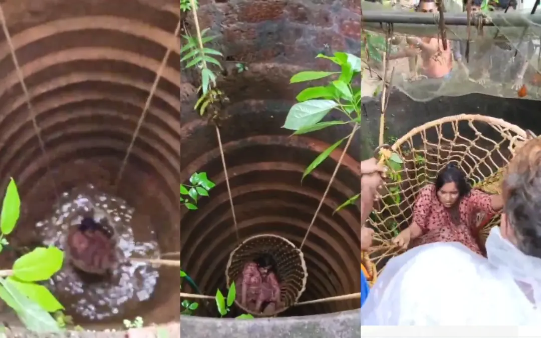 കിണറ്റില് വീണ യുവതിയെ അഗ്നിരക്ഷാസേന രക്ഷിക്കുന്നു | Photo: Special Arrangement