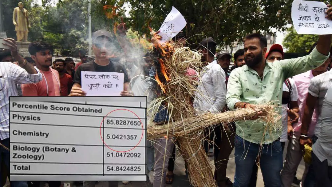 നീറ്റ് പരീക്ഷാ പേപ്പർ ചോർച്ചയുമായി ബന്ധപ്പെട്ട് പട്നയിൽ നടന്ന പ്രതിഷേധം | Photo: PTI, ഇൻസൈറ്റിൽ എൻ.ഡി.ടി.വി. പുറത്തുവിട്ട ചോദ്യപേപ്പർ ചോർച്ചയുമായി ബന്ധപ്പെട്ട് അറസ്റ്റിലായ വിദ്യാർഥിയുടെ നീറ്റ് സ്കോർ കാർഡ്