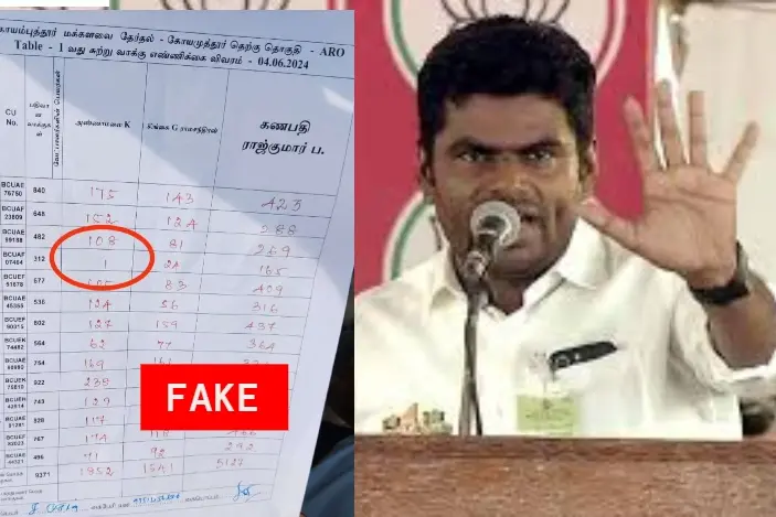 അണ്ണാമലൈക്ക് കോയമ്പത്തൂരിലെ ഒരു ബൂത്തിൽ കിട്ടിയത് ഒരു വോട്ട് മാത്രമോ? | Fact Check