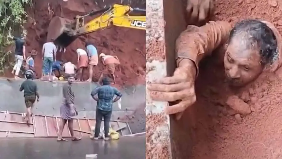 മണ്ണിടിഞ്ഞ് തൊഴിലാളികൾ അപടകത്തിൽപെട്ടപ്പോൾ | Photo: Screengrab/ Mathrubhumi News
