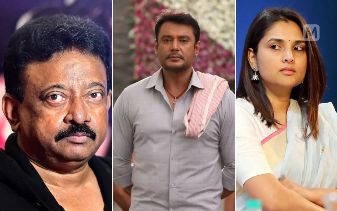 രാം ഗോപാൽ വർമ, ദർശൻ, ദിവ്യ സ്പന്ദന | ഫോട്ടോ: എ.എഫ്.പി, www.facebook.com/NimmaPreethiyaDasaDarshan, പി.ജി.ഉണ്ണിക്കൃഷ്ണൻ\ മാതൃഭൂമി