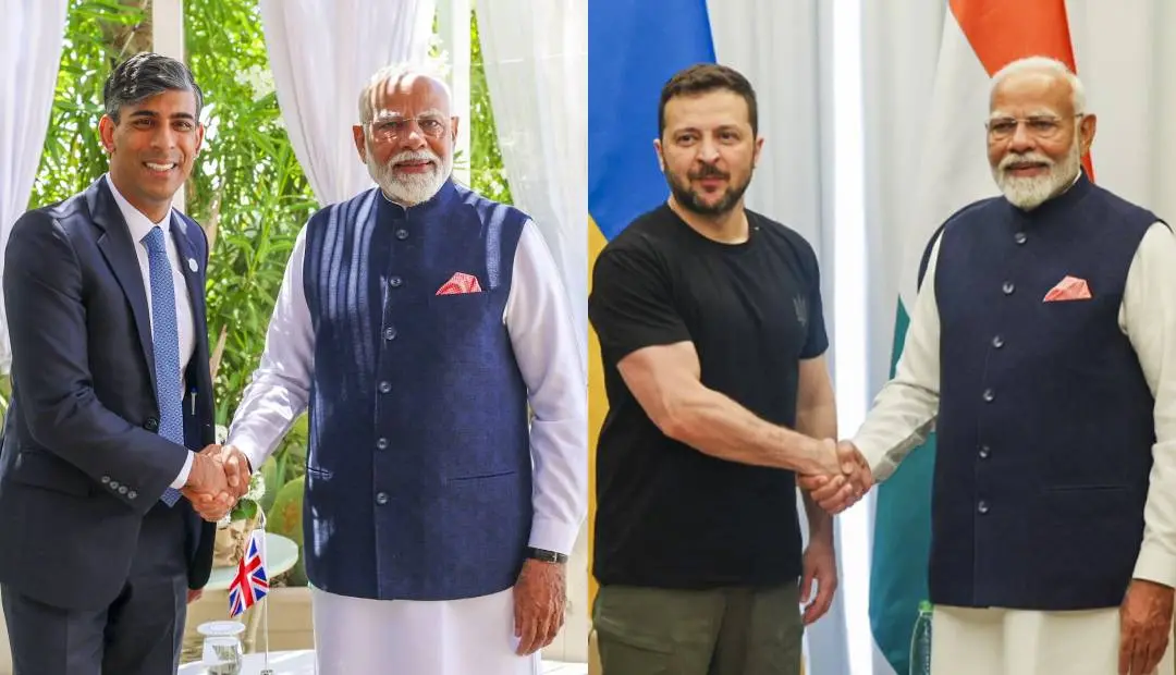 പ്രധാനമന്ത്രി നരേന്ദ്രമോദി റിഷി സുനക് വൊളോദിമര് സെലന്സ്കി എന്നിവരോടൊപ്പം | Photo: PTI