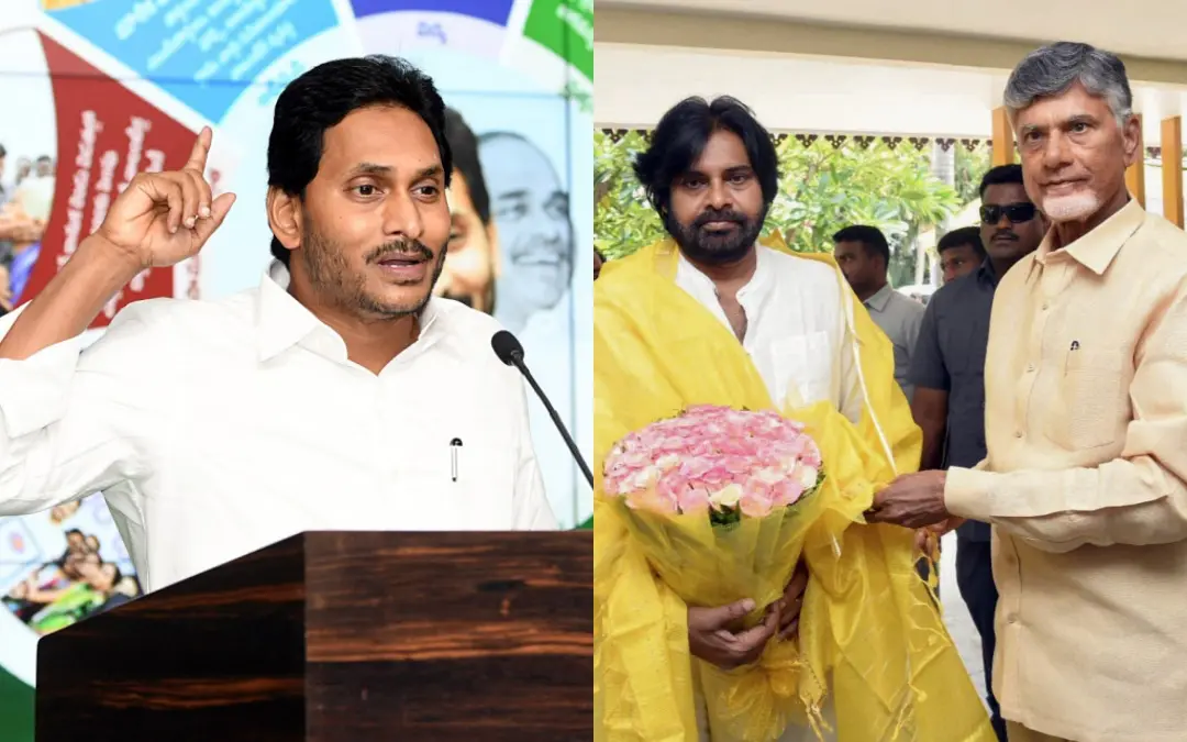 ജഗന് മോഹന് റെഡ്ഡി, പവന് കല്യാണും ചന്ദ്രബാബു നായിഡുവും | Photo: ANI