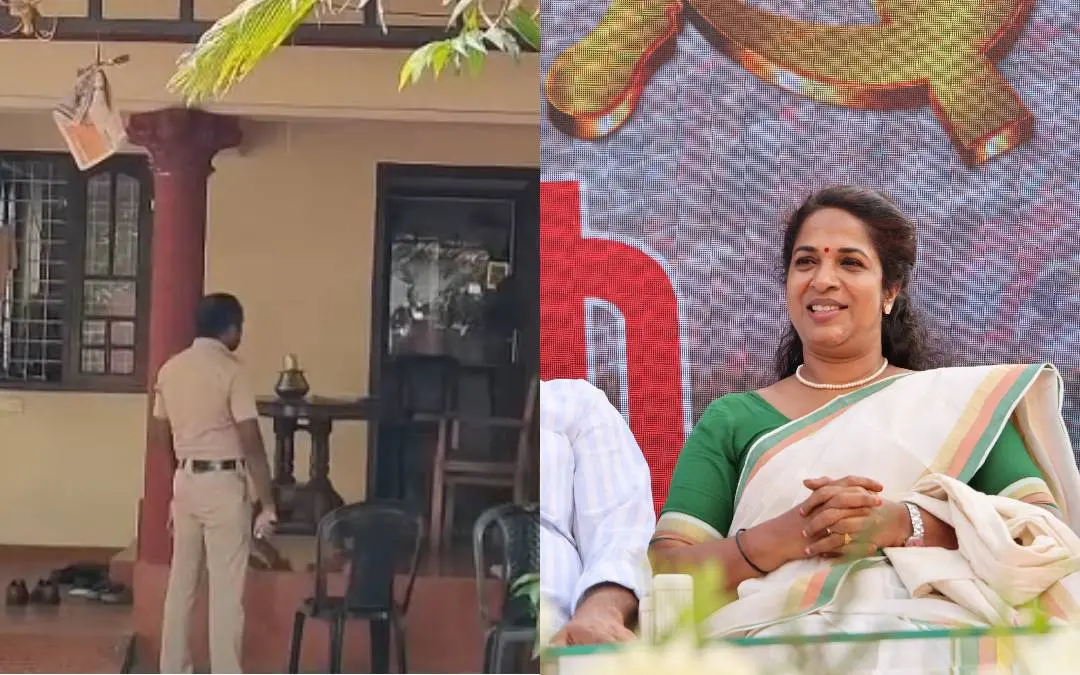 ഗോപാലകൃഷ്ണന്റെ പറവൂരിലുള്ള വീട്ടിൽ പോലീസ് പരിശോധന നടത്തുന്നു, കെ.ജെ. ഷൈൻ | Photo: Screengrab / Mathrubhumi News, Mathrubhumi