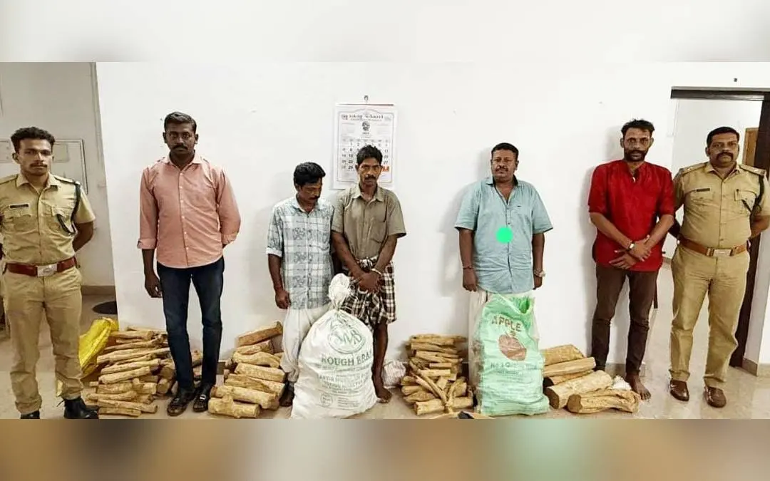 ചന്ദനത്തടികളുമായി വനംവകുപ്പ് അധികൃതർ അറസ്റ്റുചെയ്തവർ