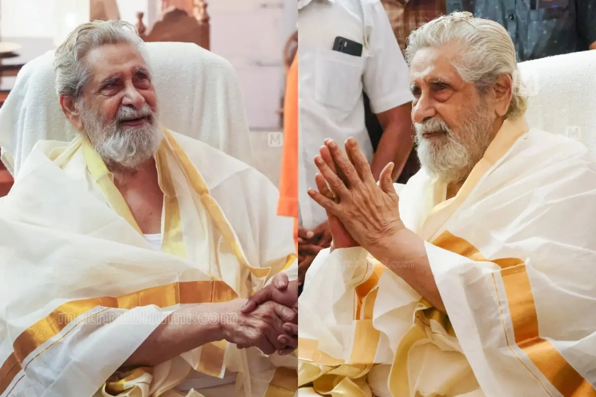 പിറന്നാൾ ദിനത്തിൽ മധു ആശംസകളുമായി എത്തിയവർക്ക് നന്ദി അറിയിക്കുന്നു | ഫോട്ടോ: ബി. മുരളീകൃഷ്ണൻ/ മാതൃഭൂമി