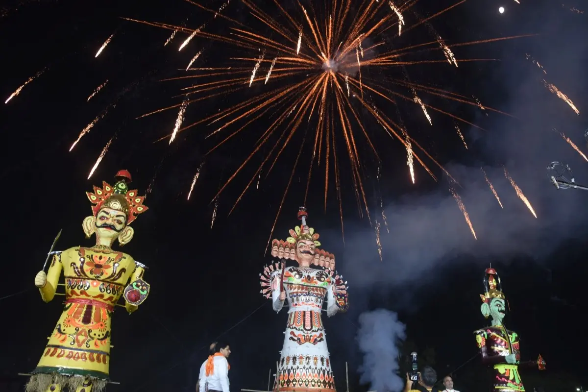File Photo | Effigies of demon king Ravan, Kumbhakaran, and Meghnath during the 'Ravan Dahan' on the occasion of Dussehra