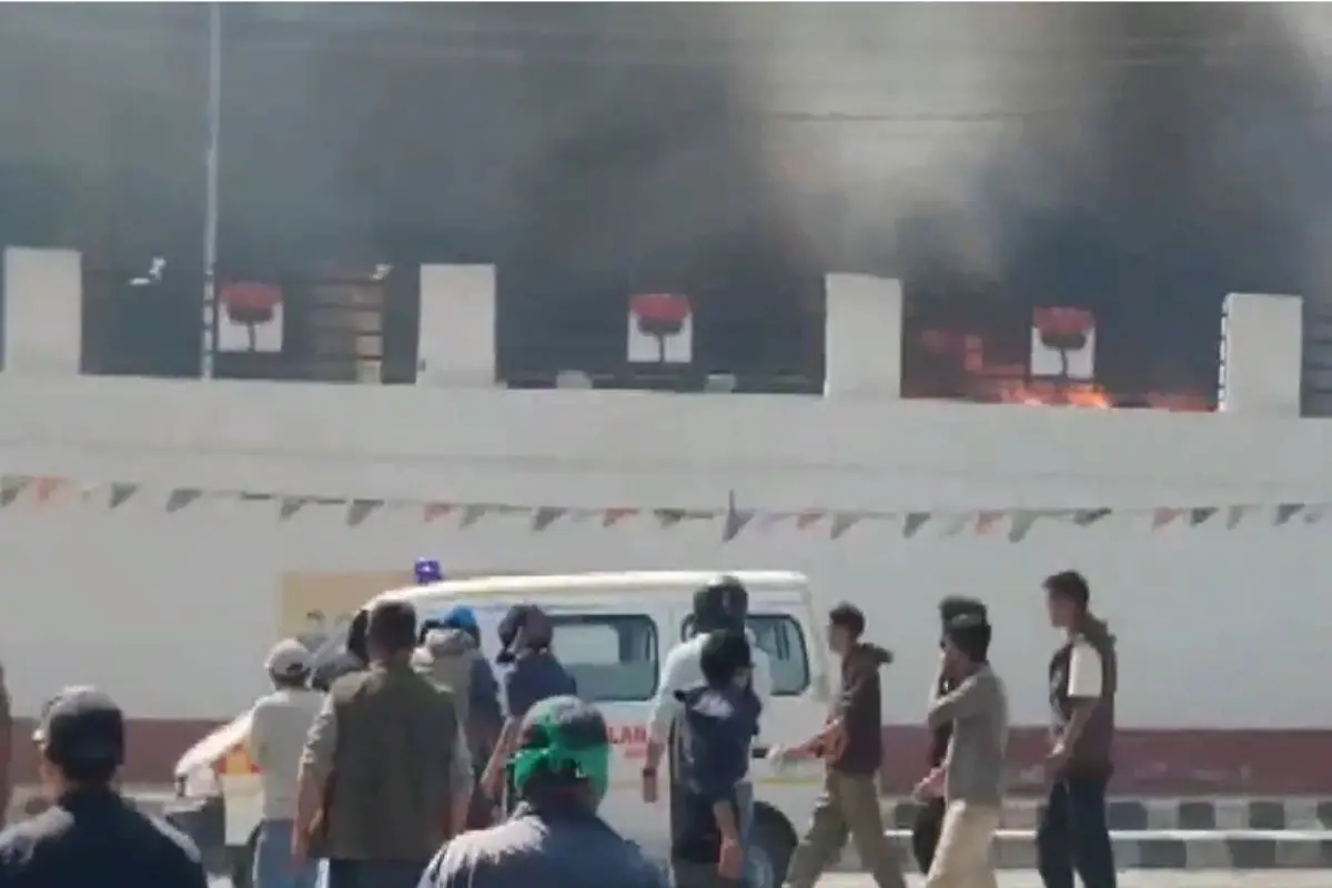 Protestors torched a security vehicle outside the BJP office in Leh