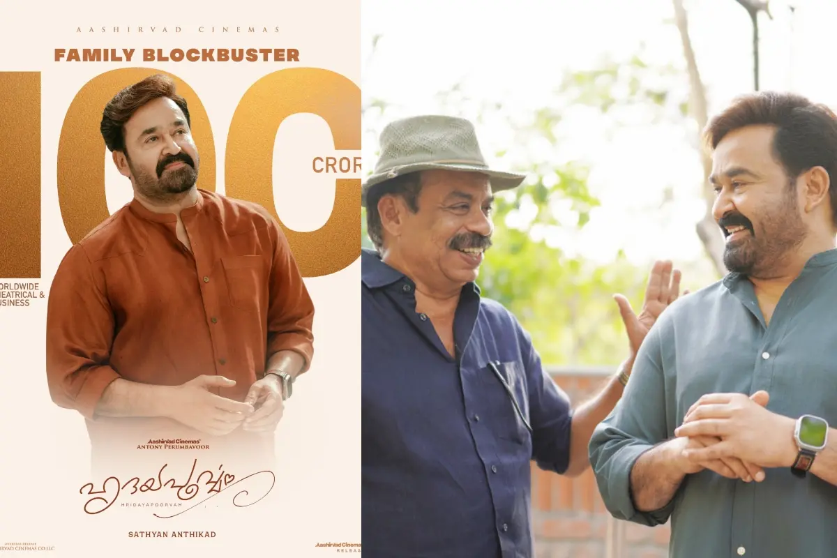'ഹൃദയപൂര്‍വ്വം' 100 കോടി പോസ്റ്റര്‍, മോഹൻലാലും സത്യൻ അന്തിക്കാടും 'ഹൃദയപൂര്‍വ്വം' ലൊക്കേഷനില്‍ | Photo: Special Arrangement