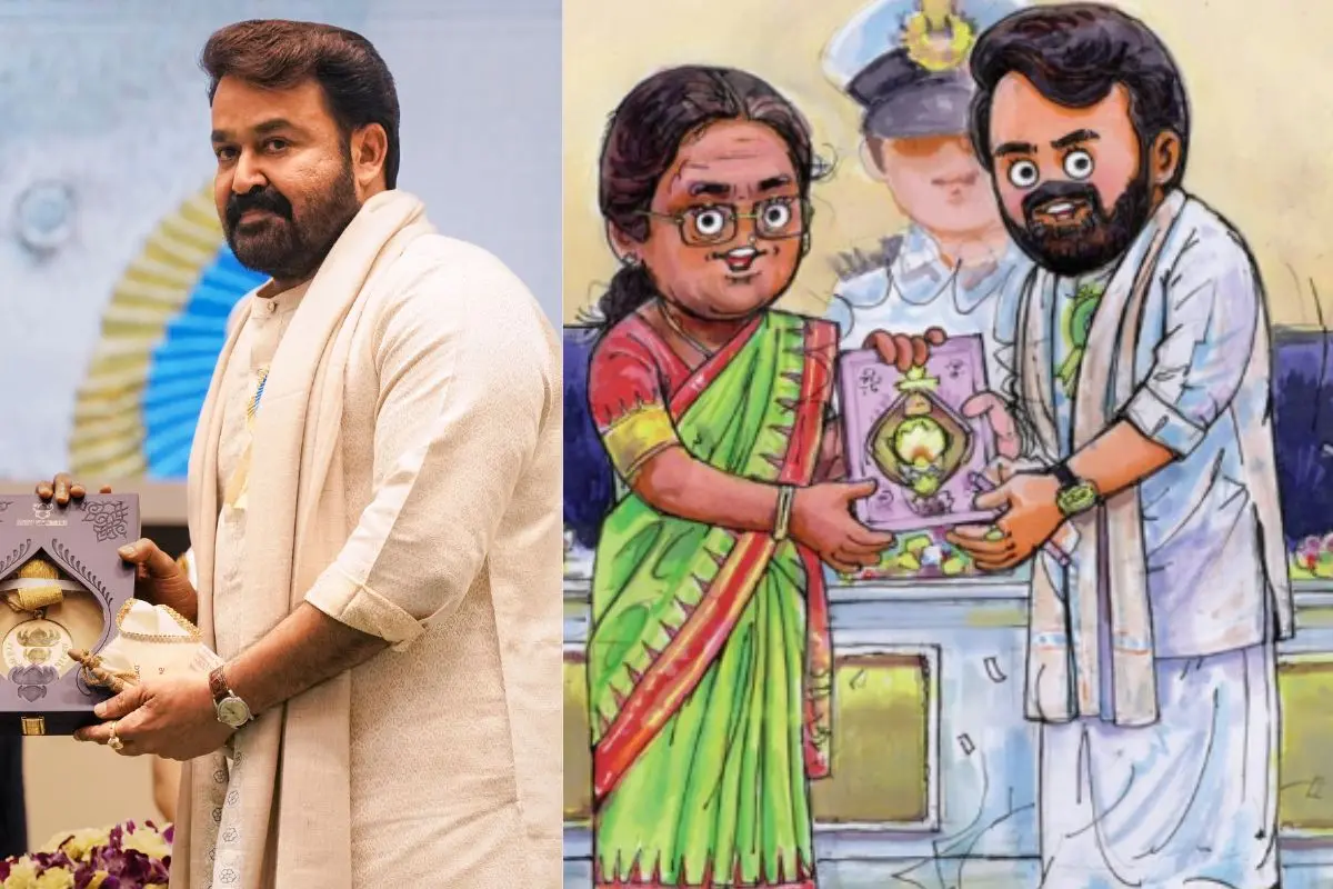Actor Mohanlal receiving the award, Amul's mascot (Photo: PTI, Facebook)