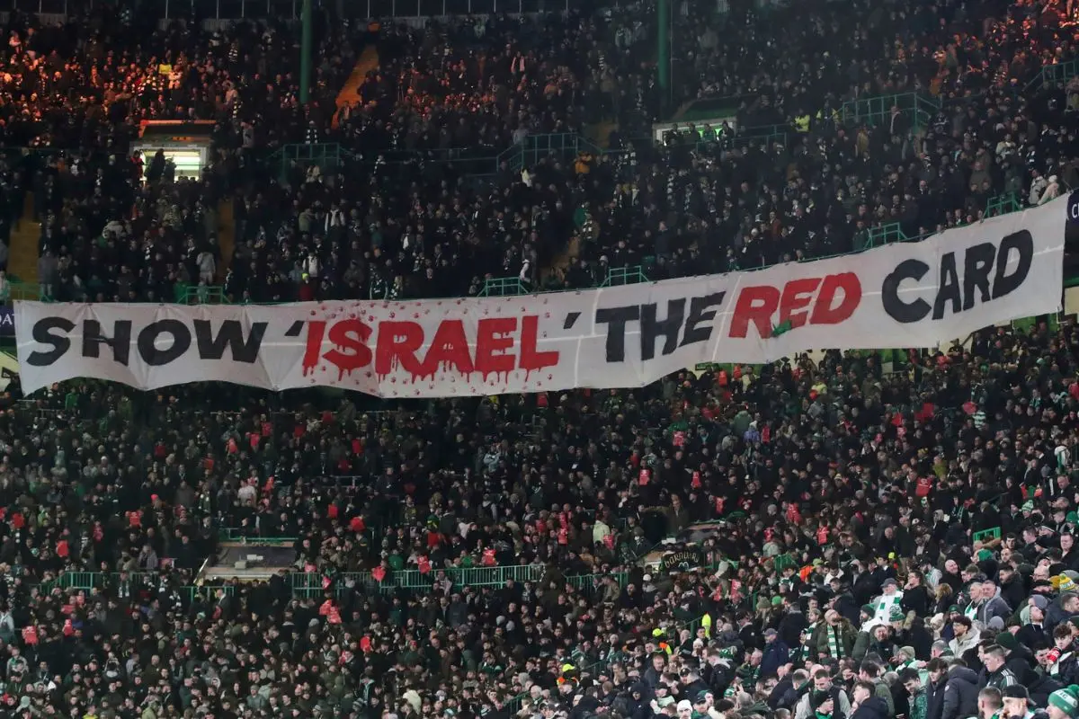 File Photo: Celtic fans lift a protest banner about Israel during the Champions League playoff | AP