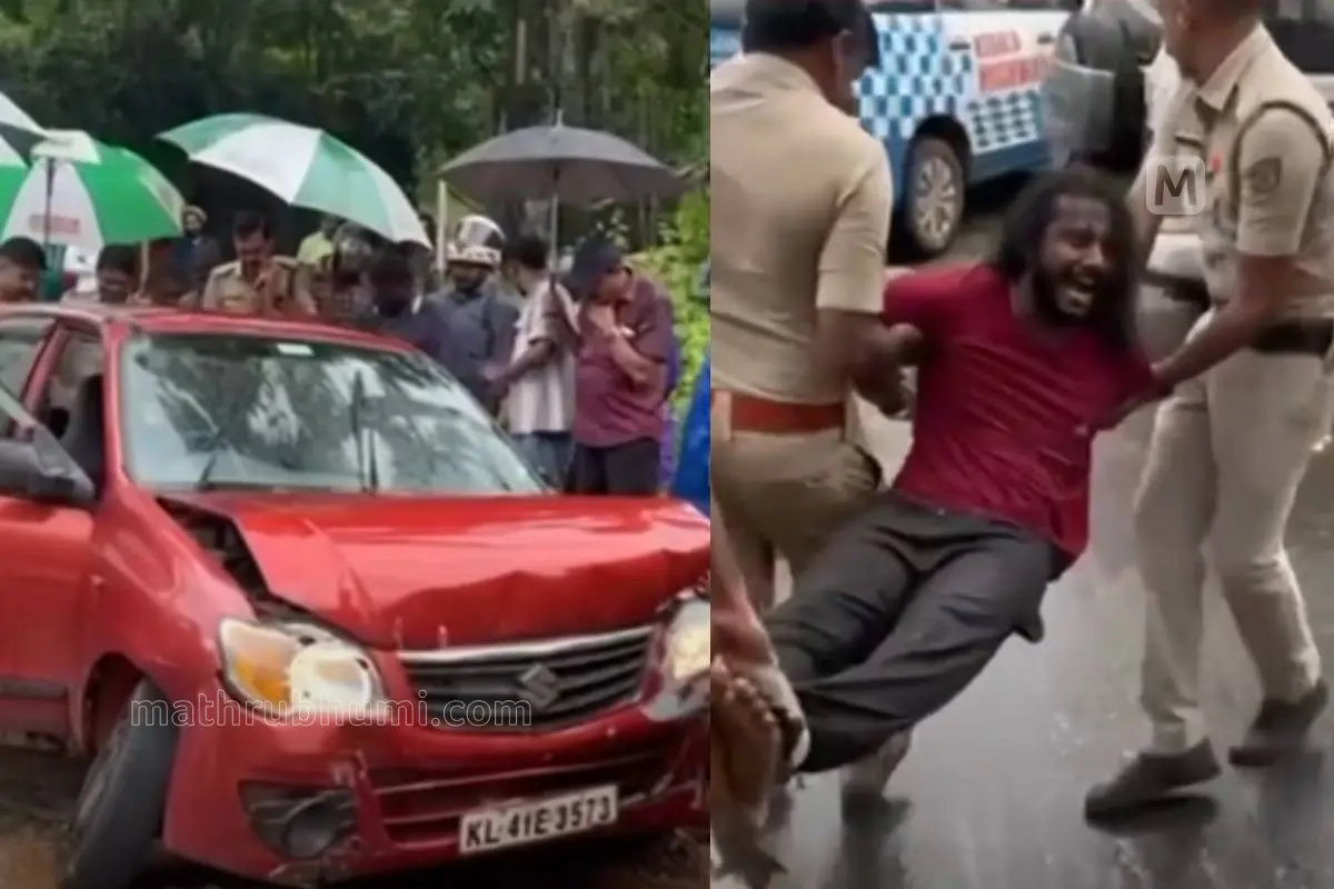 കാർ കലുങ്കിൽ ഇടിച്ചുകയറിയ നിലയിൽ, പരാക്രമം നടത്തിയ യുവാവ് | Photo: Screengrab / Mathrubhumi News