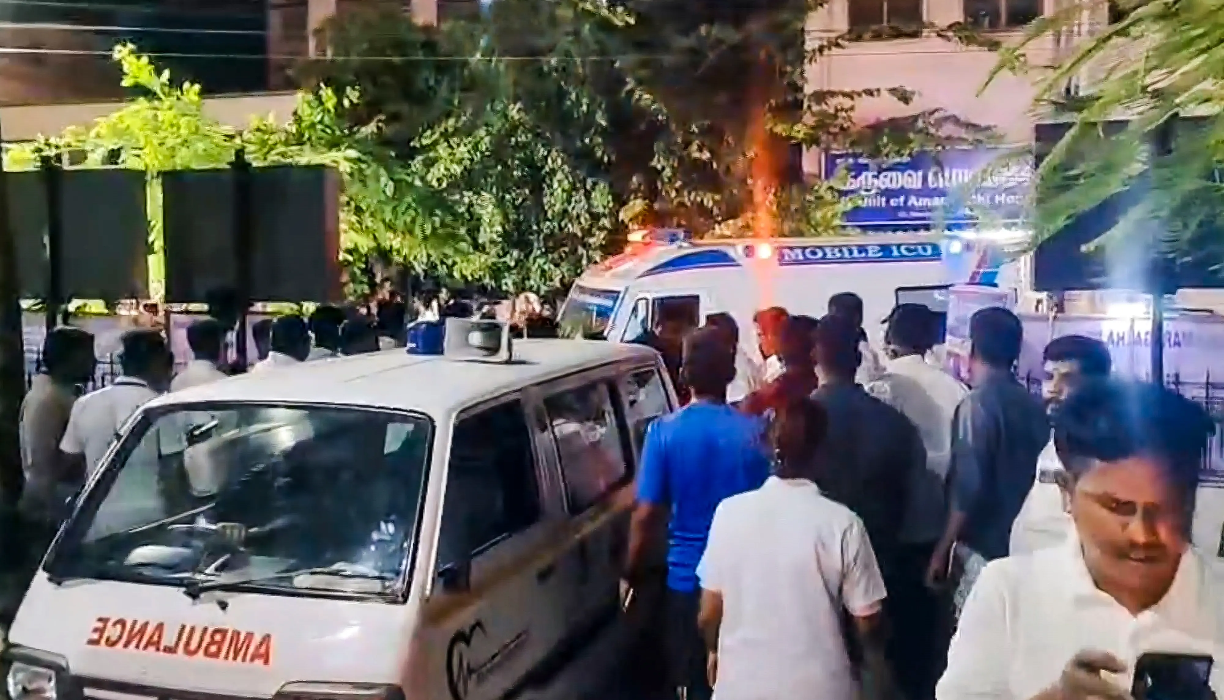 Victims being taken to hospital after a stampede-like situation was witnessed during a rally presided by Tamilaga Vettri Kazhagam chief and actor Vijay, in Karur district, Tamil Nadu | PTI