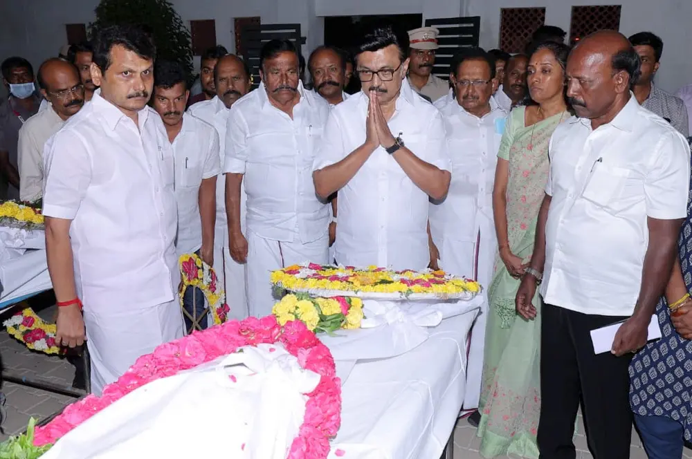 Tamil Nadu Chief Minister MK Stalin pays tribute to mortal remains of one of the victims, who died after a stampede at actor-politician Vijay's rally on Saturday | PTI