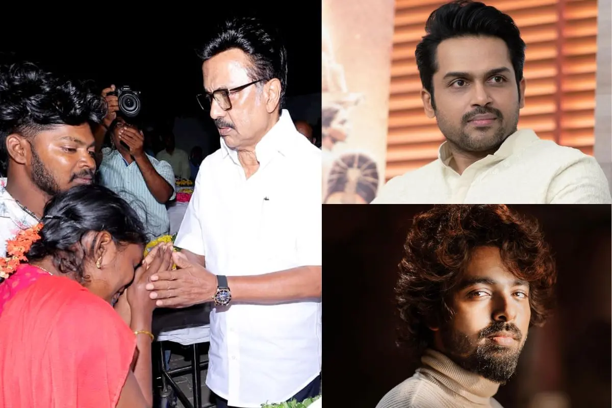 കരൂർ ദുരന്തത്തിൽ മരിച്ചവരുടെ കുടുംബാംഗങ്ങളെ മുഖ്യമന്ത്രി എം.കെ. സ്റ്റാലിൻ ആശ്വസിപ്പിക്കുന്നു, കാർത്തി, ജി.വി. പ്രകാശ് കുമാർ | ഫോട്ടോ: PTI, Facebook